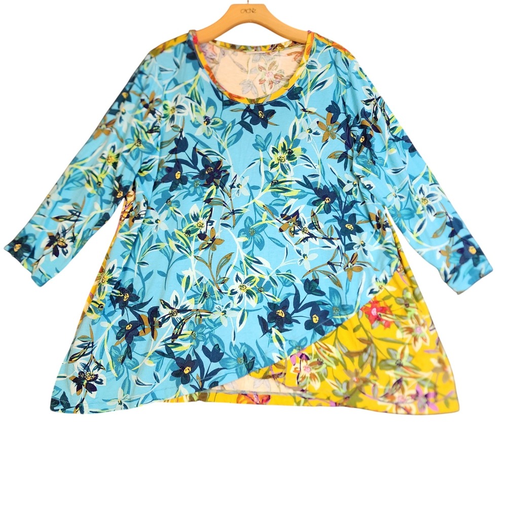 LOGO Lori Goldstein Womens 1X Blue Yellow Floral Print Asymmetrical Tunic‎ Top